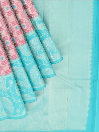 Vivaha Kanchipuram Pure Silk grid checks interwoven zari floral buttas With intricate fine peacock motifs saree
