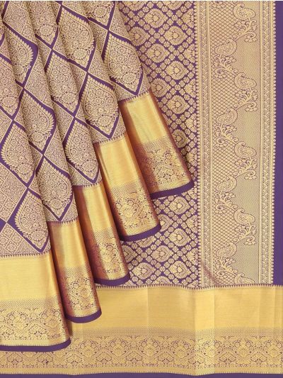Vivaha Kanchipuram Pure Silk Metallic Gold Zari threads dense floral Diamond Lattice pattern Border saree
