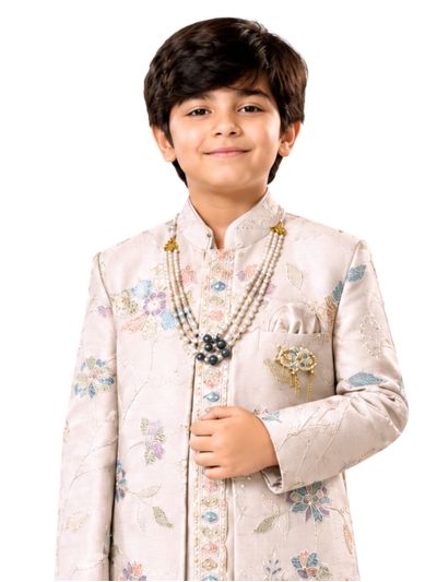 Royal Elegance Boys Ivory Beige Floral Embroidered Indo-Western 3 Piece Suit Set