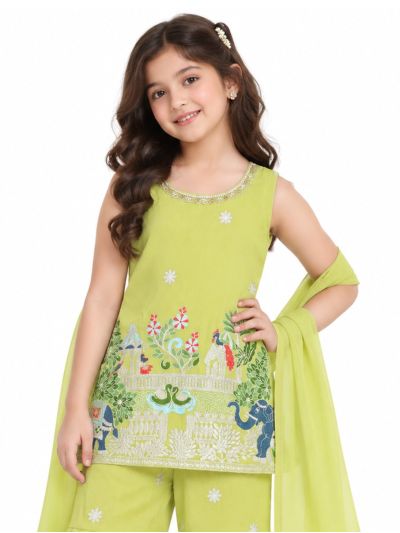Graceful Essence Girls Elephant Floral Embroidered Kurta Gharara Pant Dupatta Set