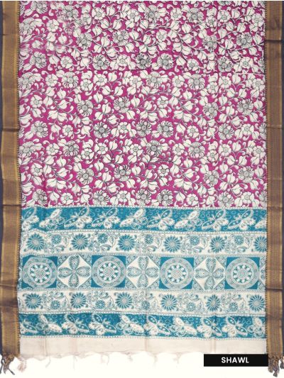 Graceful Essence Geometric Butta with Magenta Raw Silk Floral  Dupatta Dress Material