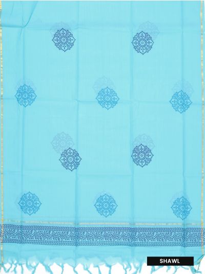 Graceful Cotton Sky Blue Circular Floral Motifs Dress Material