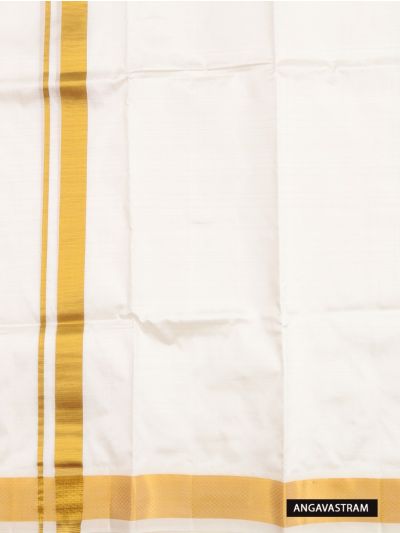 Men's Traditional Off White Pure Silk  Dhoti, Shirt and Angavastram Set 