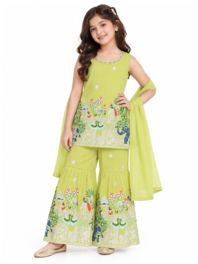 Graceful Essence Girls Elephant Floral Embroidered Kurta Gharara Pant Dupatta Set