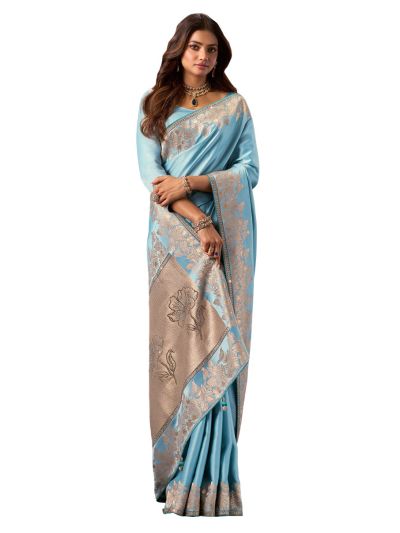 Gracecharm Satin Silk Plain with Floral Bird Border and Floral Pallu Saree