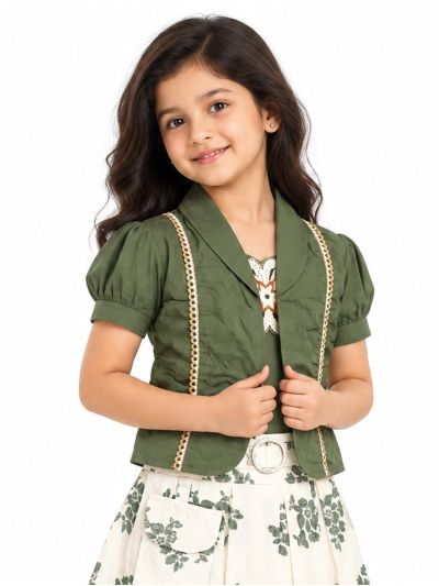 Graceful Essence Girls Floral Applique Jacket Top and Pleated Mini Skirt Set