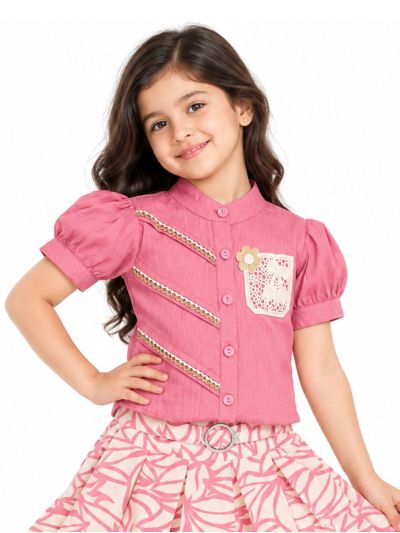 Graceful Essence Girls Puff Sleeve Lace Applique Top and Leaf Print Skirt Set