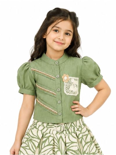 Graceful Essence Girls Puff Sleeve Lace Pocket Top Leaf Print Short Skirt Set