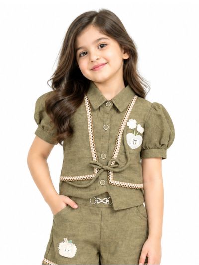 Graceful Essence Girls Puff Sleeve Lace Trim Bow Detail Shirt and Shorts Set