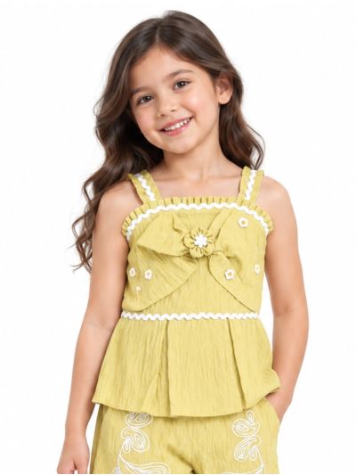 Graceful Essence Girls Floral Bow Peplum Top Embroidered Shorts 2 Piece Set