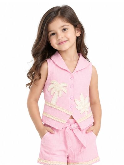 Graceful Essence Girls Palm Tree Applique Sleeveless Top Shorts 2 Piece Set