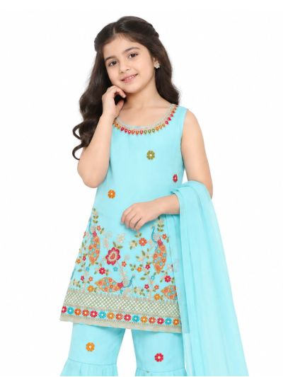 Graceful Essence Girls Peacock Floral Embroidered Kurta Sharara Dupatta Set