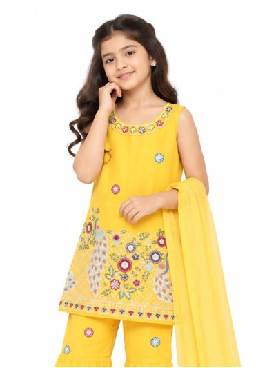 Graceful Essence Girls Peacock Floral Embroidered Kurta Sharara Dupatta Set