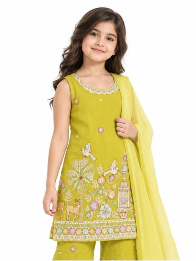 Graceful Essence Girls Deer Bird Floral Embroidered Kurta Sharara Dupatta Set