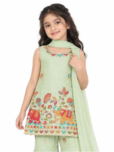 Graceful Essence Girls Elephant Floral Embroidered Kurta Gharara Dupatta Set