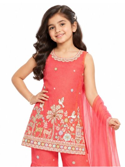 Graceful Essence Girls Deer Bird Floral Embroidered Kurta Gharara Dupatta Set