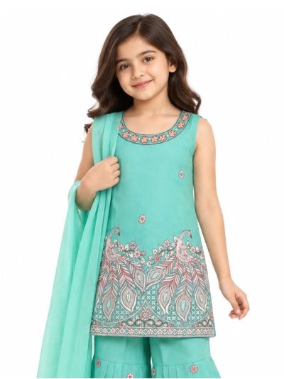 Graceful Essence Girls Peacock Floral Embroidered Kurta Gharara Dupatta Set