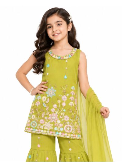 Graceful Essence Girls Multicolour Floral Embroidered Kurta Gharara Dupatta Set