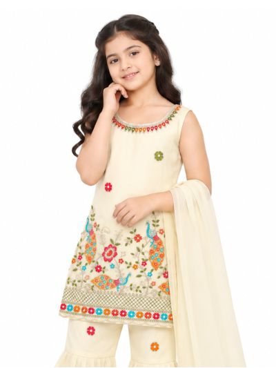 Graceful Essence Girls Peacock Floral Embroidered Kurta Gharara Pant Dupatta Set