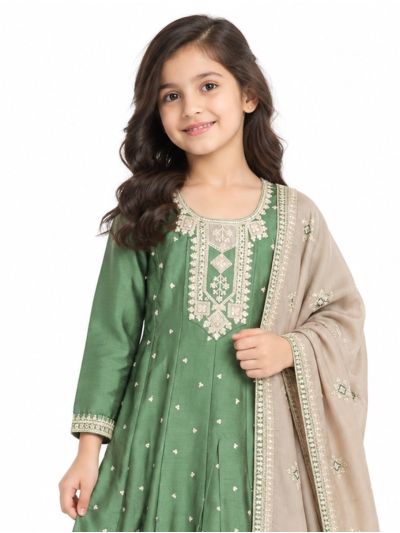 Graceful Essence Girls Sequin Butta Embroidered Flared Kurta Pant Dupatta Set