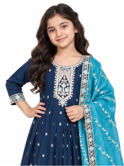 Graceful Essence Girls Floral Butta Embroidered Flared Kurta Pant Dupatta Set
