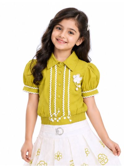 Graceful Essence Girls Floral Embroidered Puff Sleeve Top and Short Skirt Set