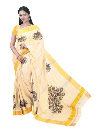 Kerala Cotton Peacock Butta Grand Peacock Pallu Golden Kasavu Border Saree
