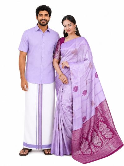 Couple Combo Lavender Shirt and Dhoti Set with Leaf Butta Saree