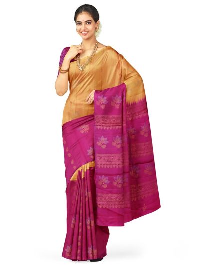 Kanmanie Soft Silk Floral Leaf Butta with Ornamental Stripe Borderless Saree