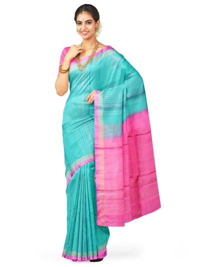 Kanmanie Soft Silk Horse Butta with Geometric Stripe 2 Inch Zari and Satin Border Saree
