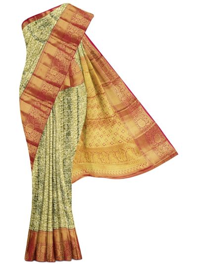 Vivaha Kanchipuram Pure Silk Floral Leaf Jaal with Diamond Floral Lattice Pallu Saree