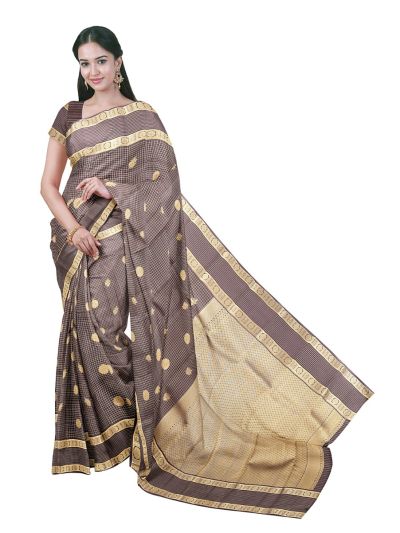 Gracecharm Silk Zari Check Floral Butta with Fine Geometric Brocade Pallu Saree