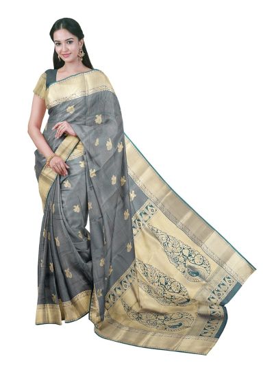 Gracecharm Silk Zari Check Floral Butta with Ornamental Paisley Pallu Saree