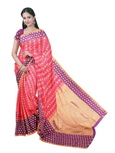 Gracecharm Silk Zari Grid Temple Motif with Diagonal Stripe Pallu Saree