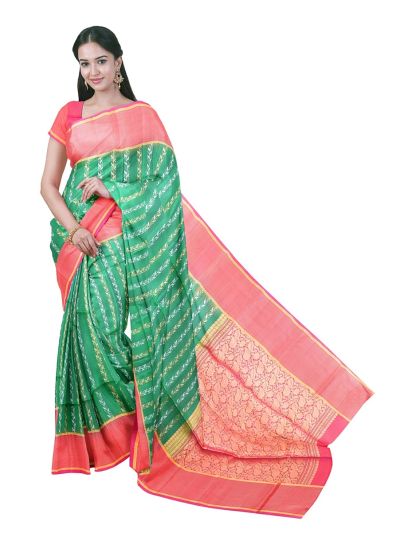 Gracecharm Pure Soft Silk Leaf Vine Stripe with Paisley Floral Pallu Saree