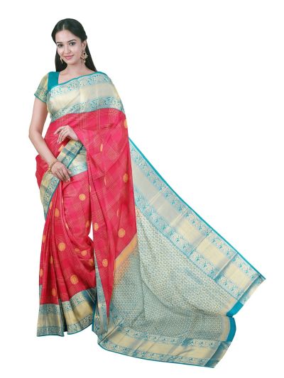 Gracecharm Gift Art Silk Check Medallion Butta with Floral Trellis Pallu Saree