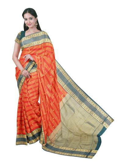 Gracecharm Gift Art Silk Zari Stripe Butta with Geometric Brocade Pallu Saree