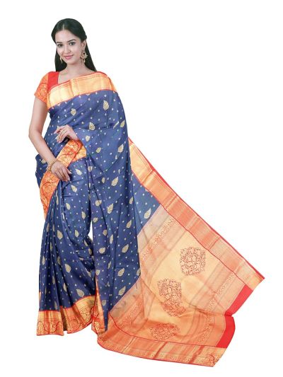 Gracecharm Pure Silk Leaf Butta with Floral Medallion Pallu Saree