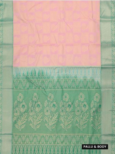 GraceCharm Art Silk Baby Pink Checks Paisley Butta with Sea Green Border Saree