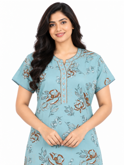EasyCharm Rayon Floral Printed Decorative V-Neck Nighty