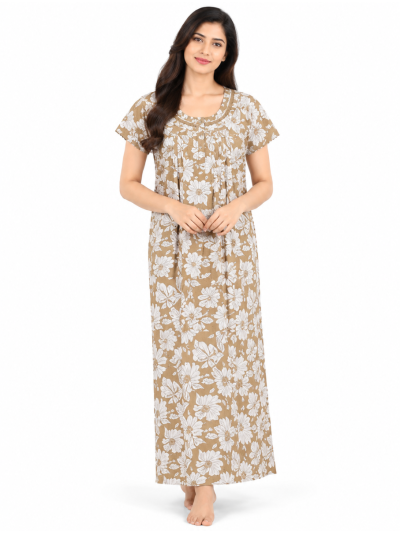 EasyCharm Cotton All Over Floral Print Lace Trim Yoke Nighty