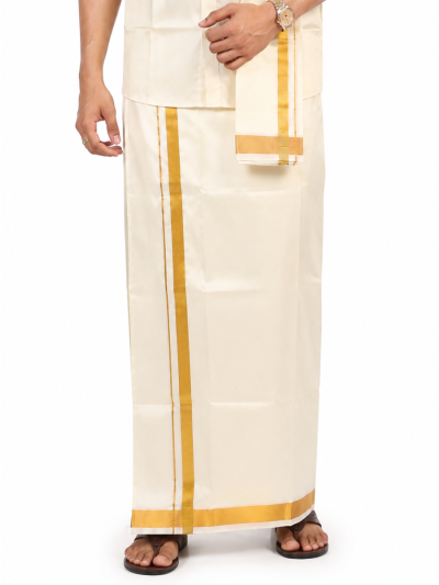 Men’s Traditional Art Silk  Broad Golden Kasavu Border Off White Dhoti