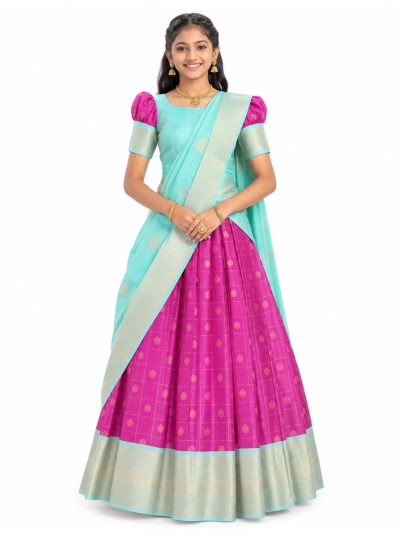 Gracecharm Emerald Glow fuchsia pink Art Silk Girls Pavadai Dhavani Material Set