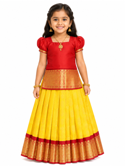 Gracecharm Silk Floral Leaf Butta with Contrast Border Pattu Pavadai Material