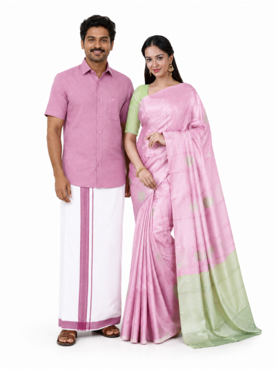 Couple Combo Pink Shirt and Dhoti Set with Floral Butta Saree