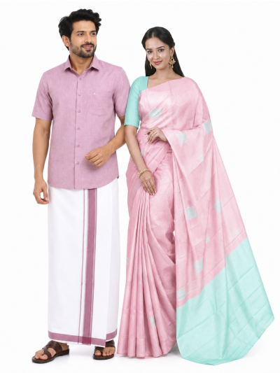 Couple Combo Dusty Mauve Shirt and Dhoti Set with Saree