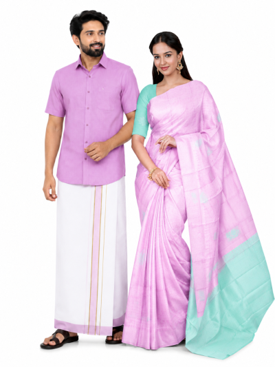 Couple Combo Lavender Pink Shirt and Dhoti Set with Saree