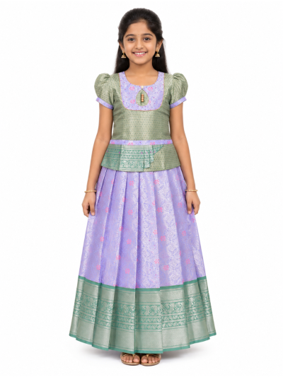 Charming Girls Sage Green Art Silk Pattu Pavadai Set