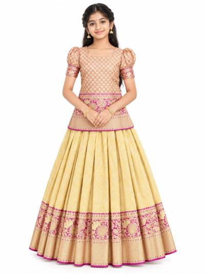 Gracecharm Pure Silk Floral Jaal with Floral Brocade Pattu Pavadai Material