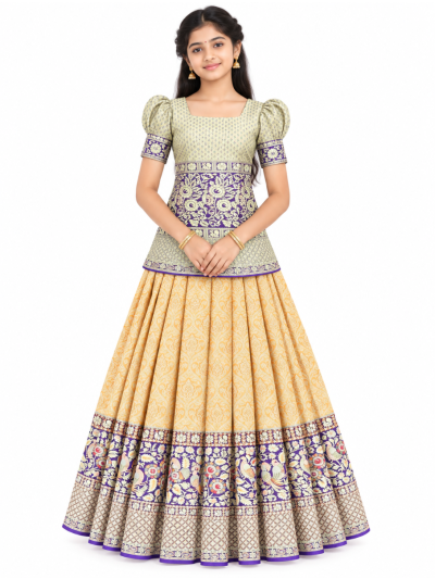 Gracecharm Pure Silk Floral Damask with Bird Border Pattu Pavadai Material